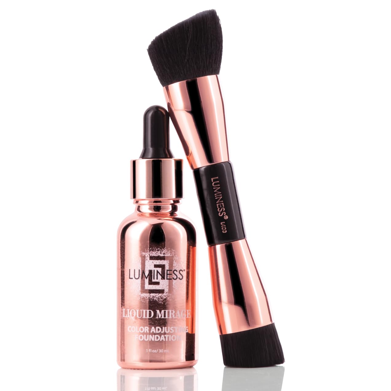 LUMINESS Liquid Mirage foundation swatch adapts to skin tone for natural finish.