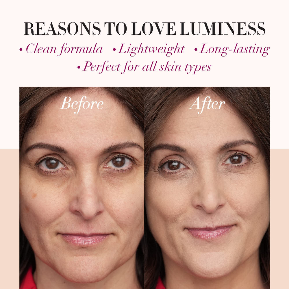 Model wearing LUMINESS Silk Airbrush finish shows even tone and subtle glow.