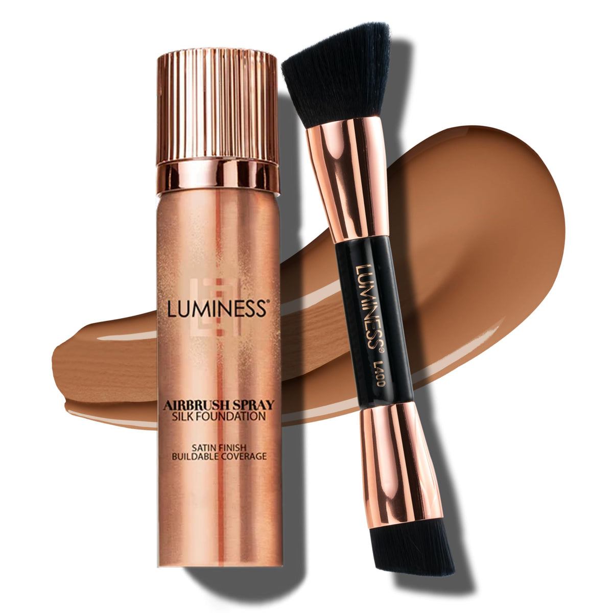 LUMINESS Silk Airbrush foundation in Tan bottle ready for a smooth, buildable application