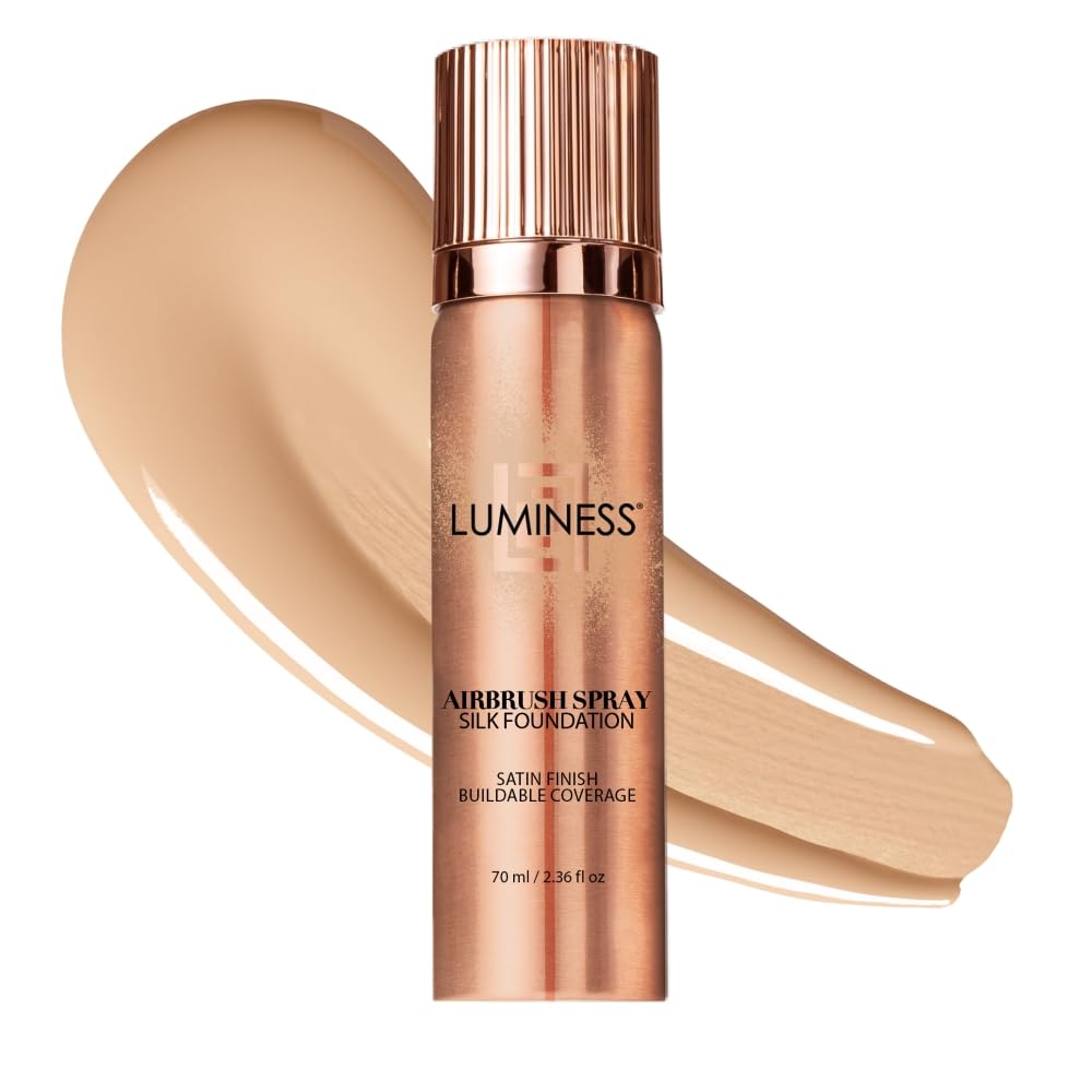 LUMINESS Silk Airbrush Spray Foundation bottle showing hydrating formula for even coverage