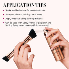 Buffing brush beside foundation bottle for even, airbrushed blending.