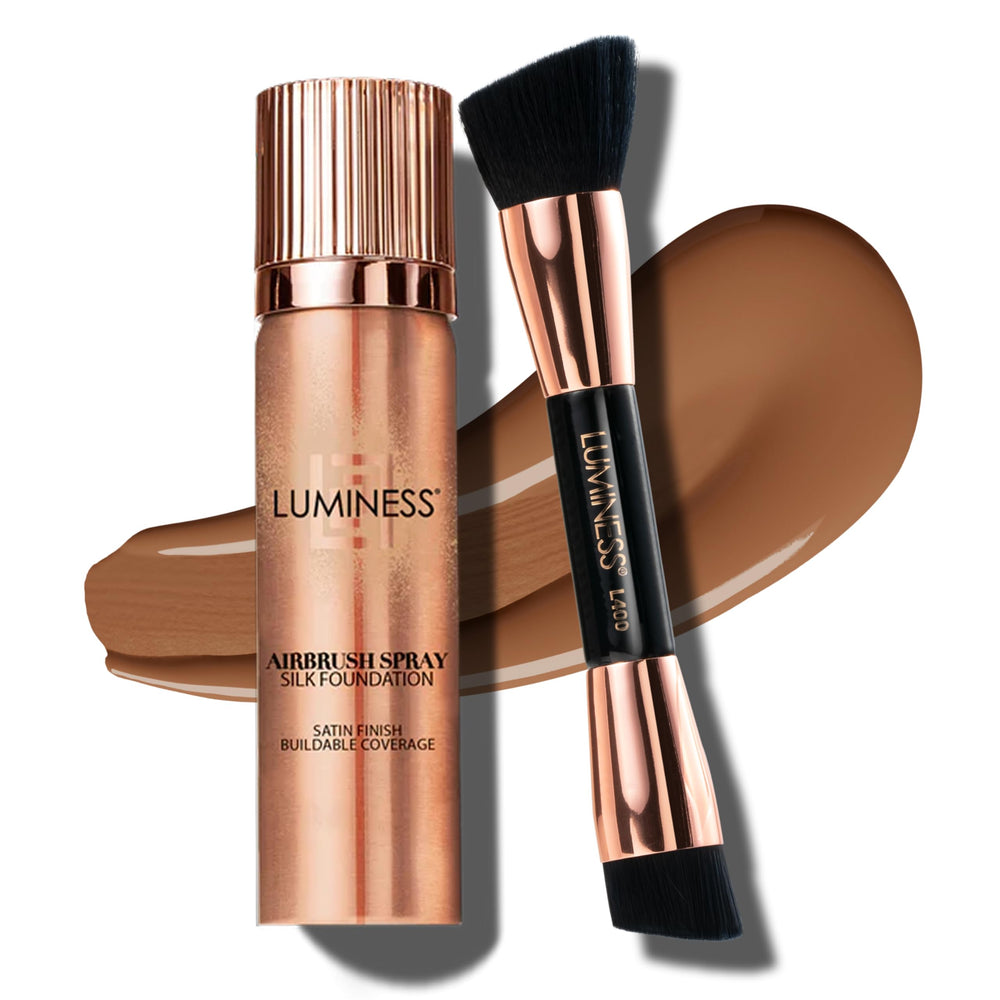 LUMINESS Silk Foundation bottle showcasing buildable coverage for a smooth complexion.