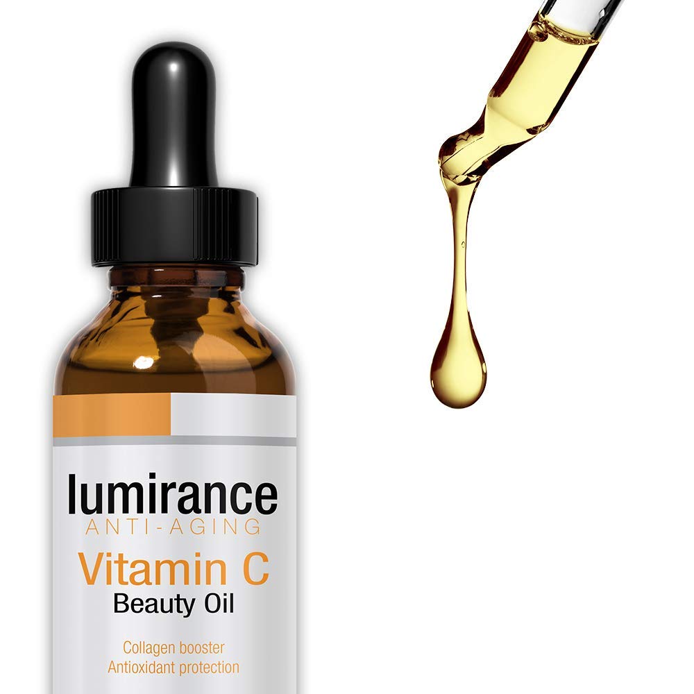 Lumirance Vitamin C Beauty Oil in amber bottle, highlighting USA-made, cruelty-free care.