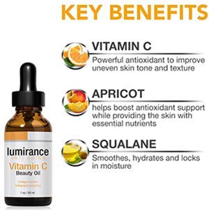 Lumirance Vitamin C Beauty Oil dropper releasing a nourishing drop for smooth skin.