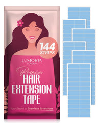 Lumoria hair extension tape tab close-up showing slim, invisible hold for natural results.