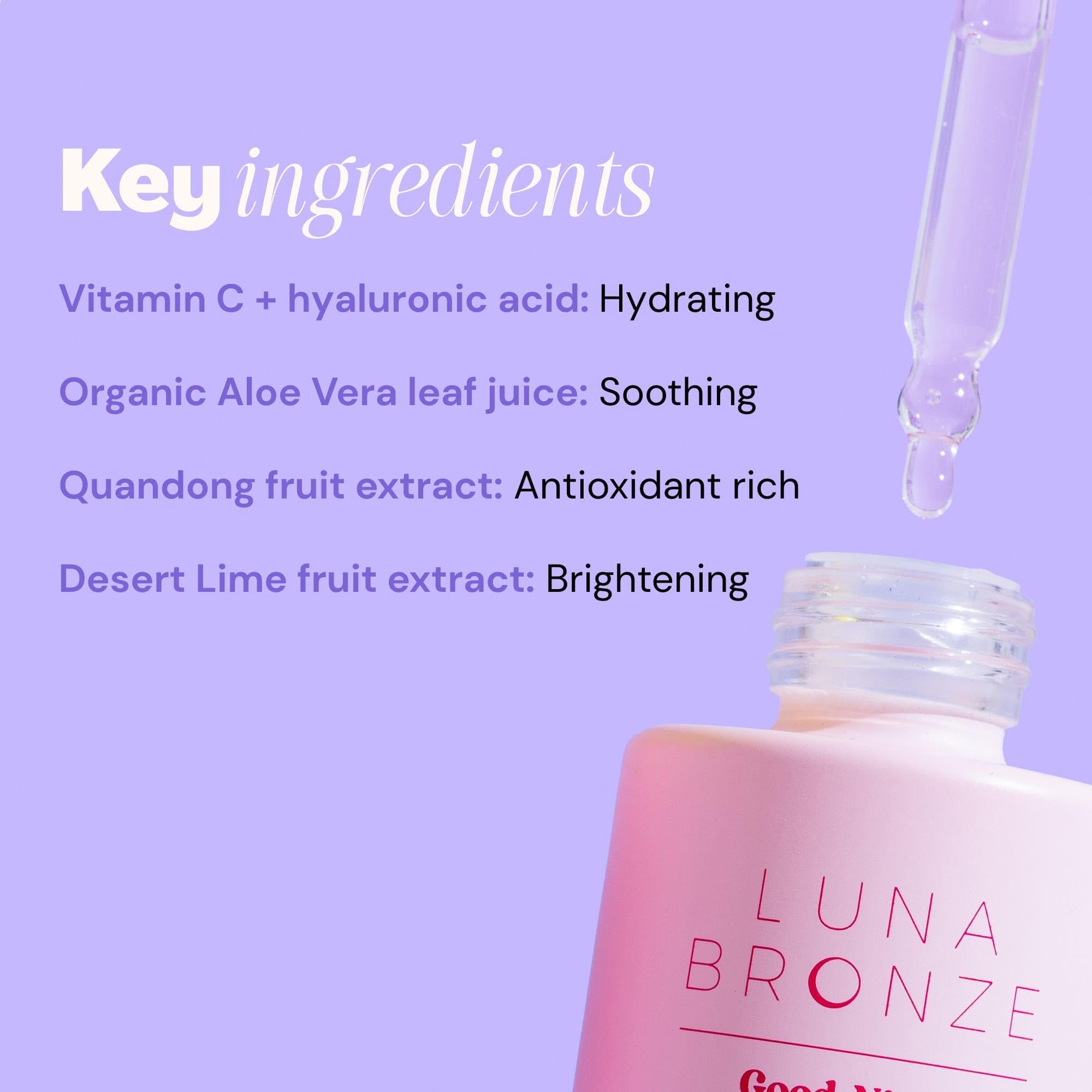 Luna Bronze Good Night Drops with desert lime imagery for brightening tones