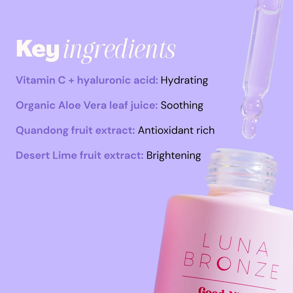 Luna Bronze Good Night Drops with desert lime imagery for brightening tones