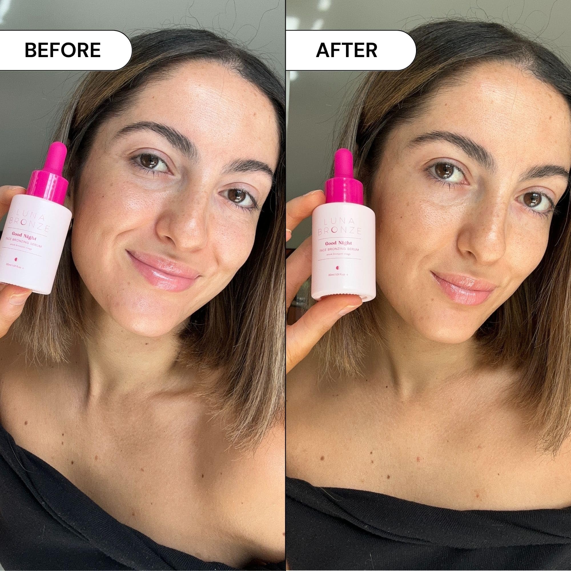 Luna Bronze Good Night Face Tanning Drops on fingertips applying to cheek for natural bronze tint