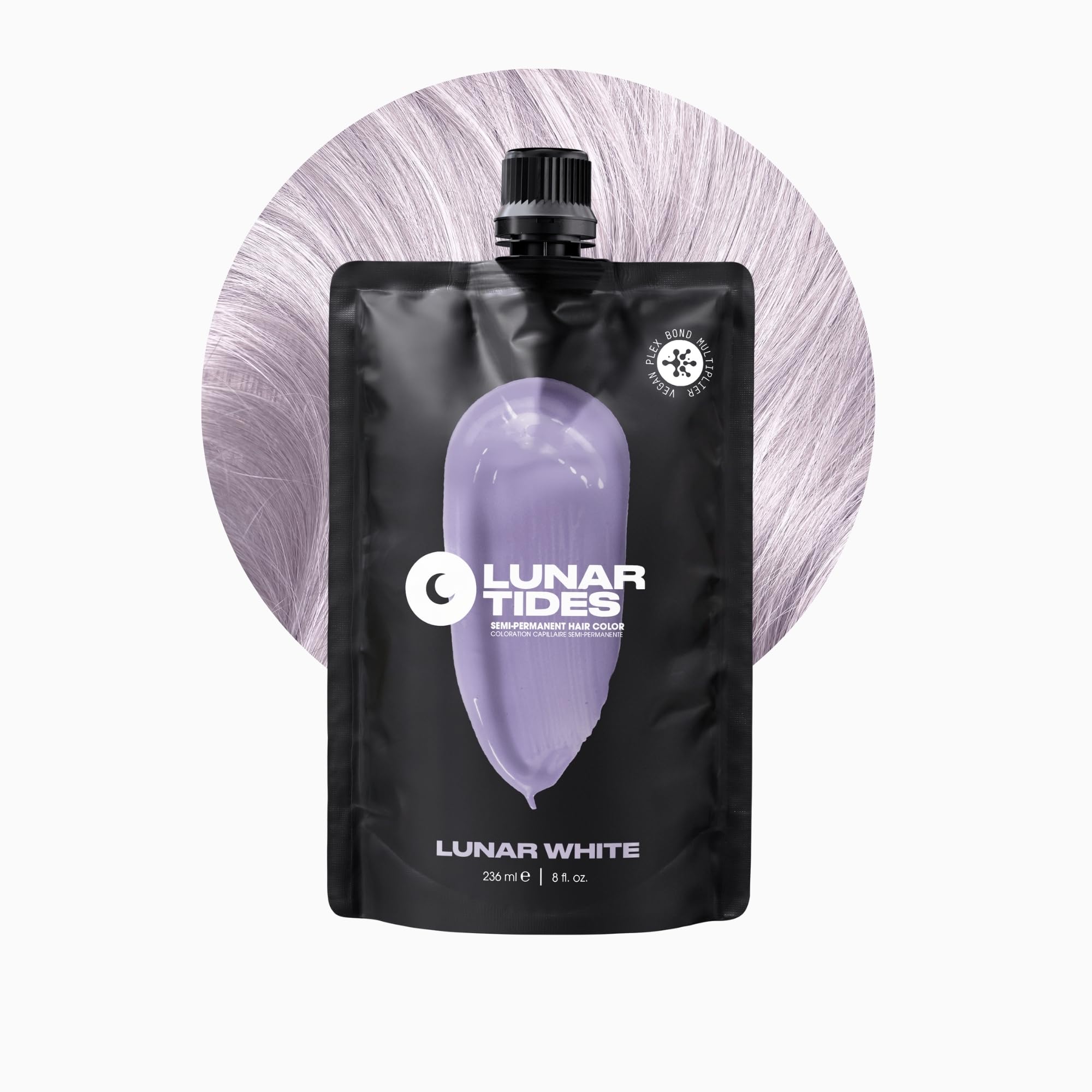 Lunar Tides semi-permanent color Lunar White bottle with violet undertones for cool gray coverage.