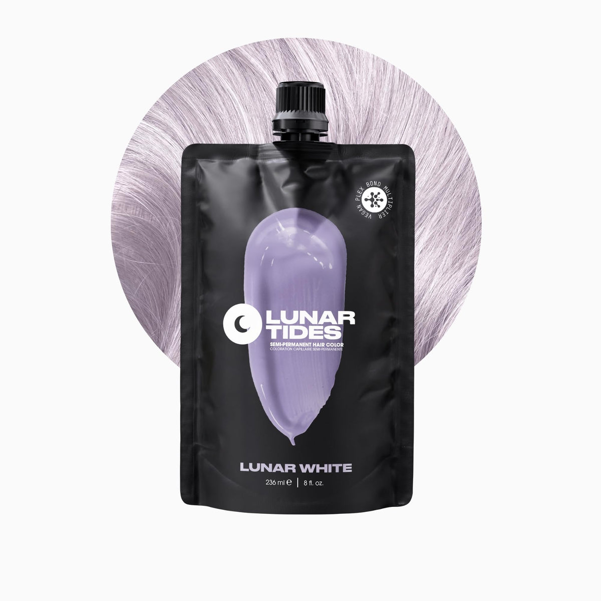 Lunar Tides semi-permanent color Lunar White bottle with violet undertones for cool gray coverage.