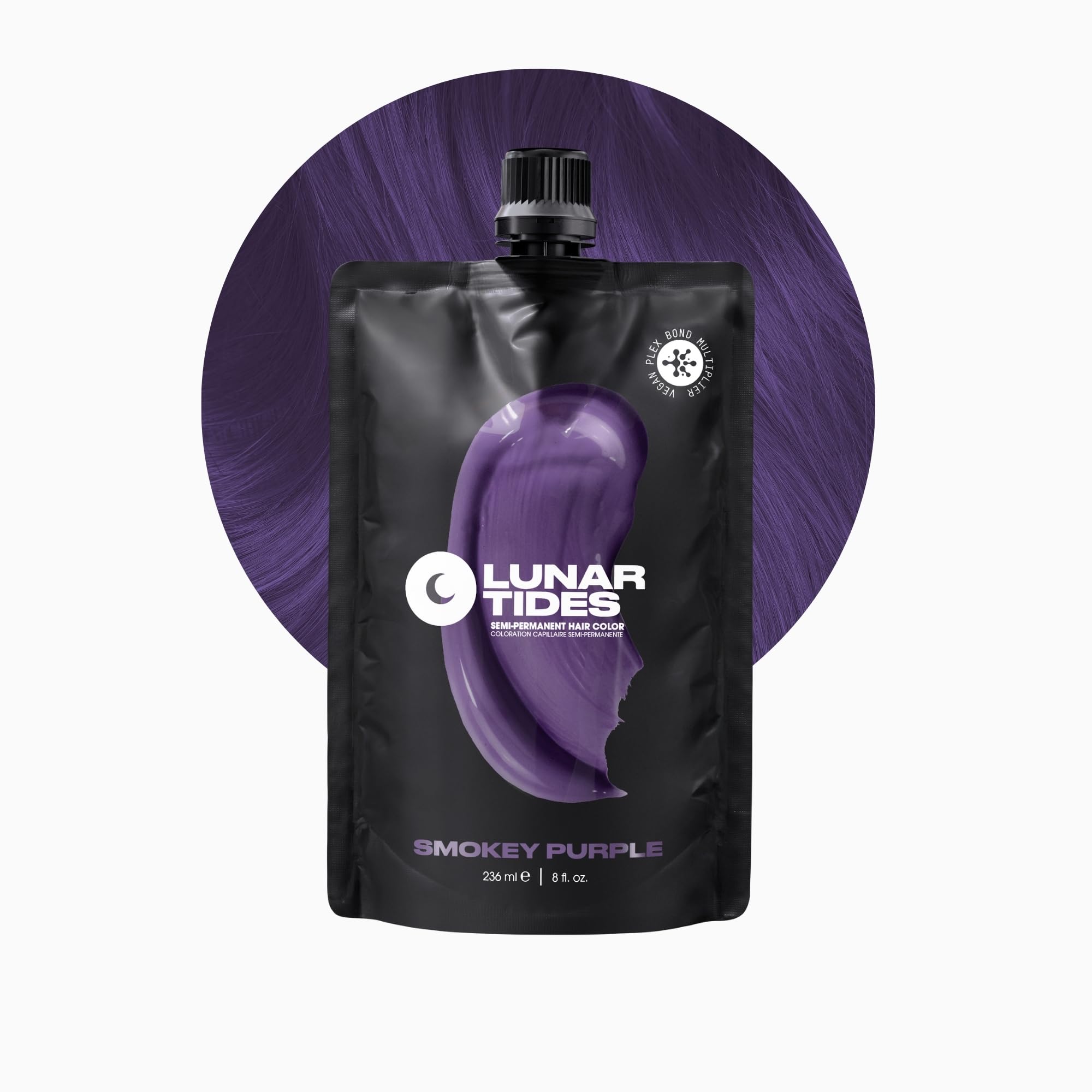 Lunar Tides Smokey Purple bottle pour demonstrates creamy semi-permanent color for easy coverage.