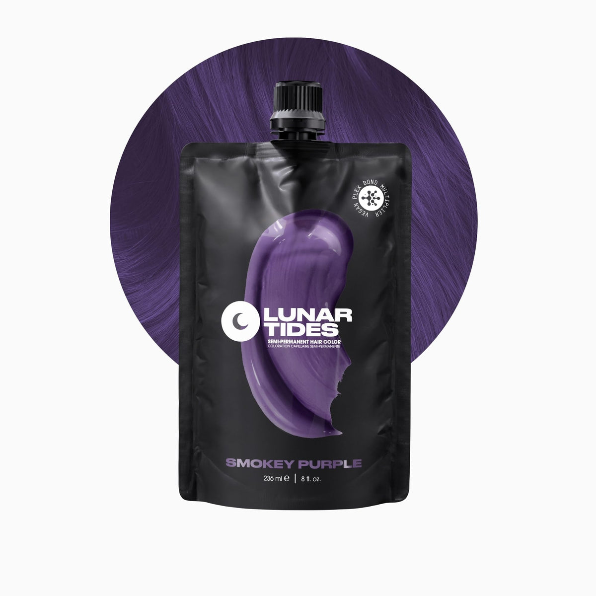 Lunar Tides Smokey Purple bottle pour demonstrates creamy semi-permanent color for easy coverage.