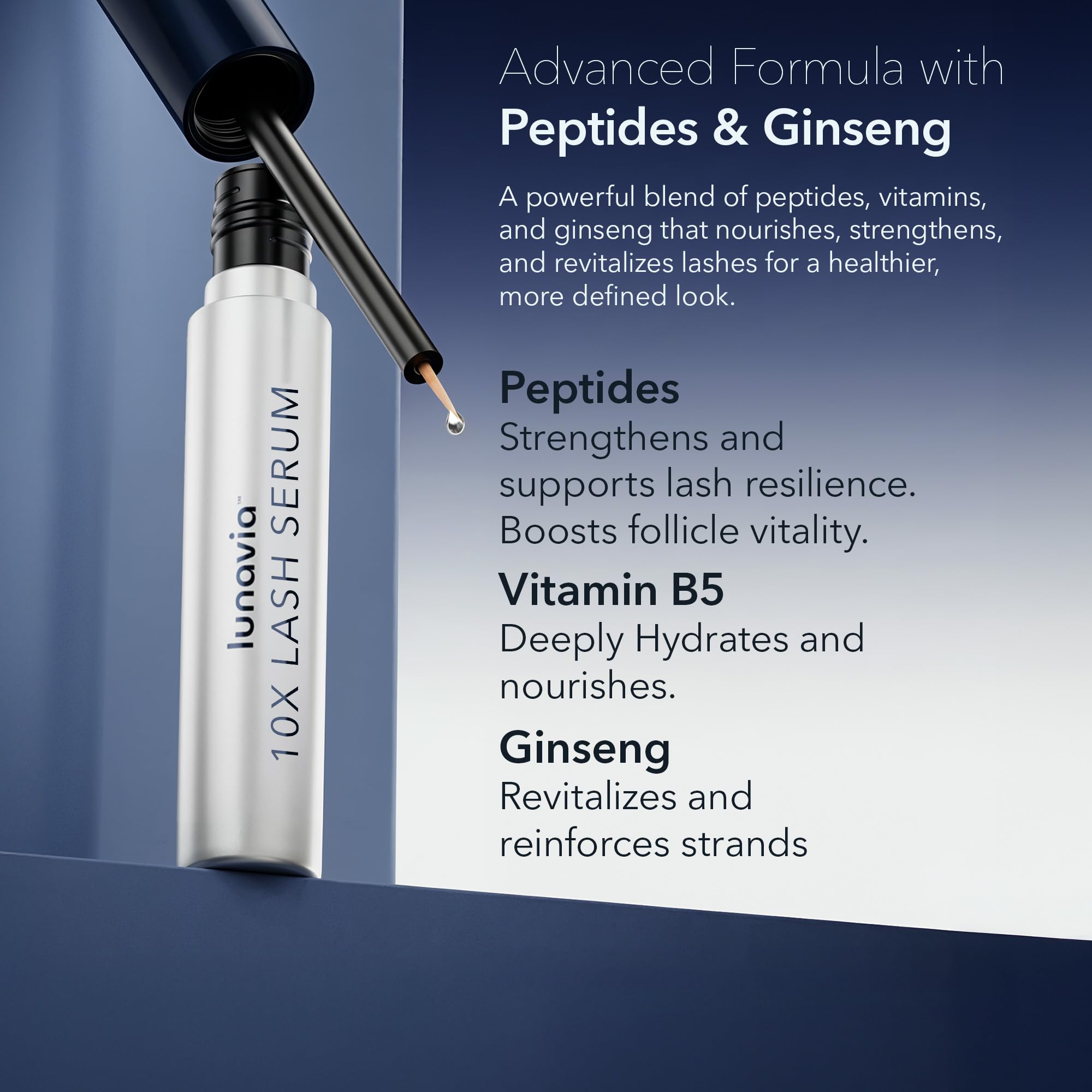 Lunavia ginseng extract display emphasizing lash conditioning benefits.