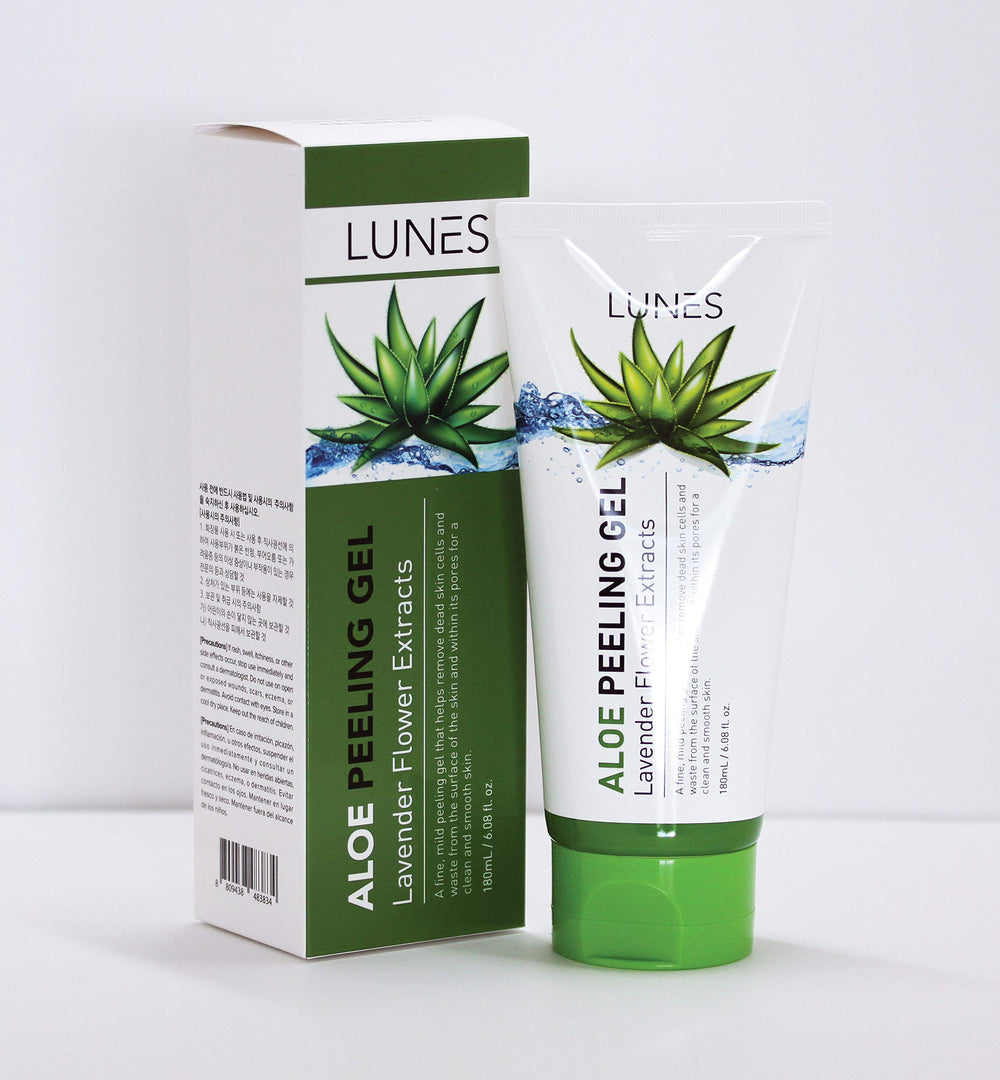 LUNES Aloe Peeling Gel bottle for gentle exfoliation before moisturizing.
