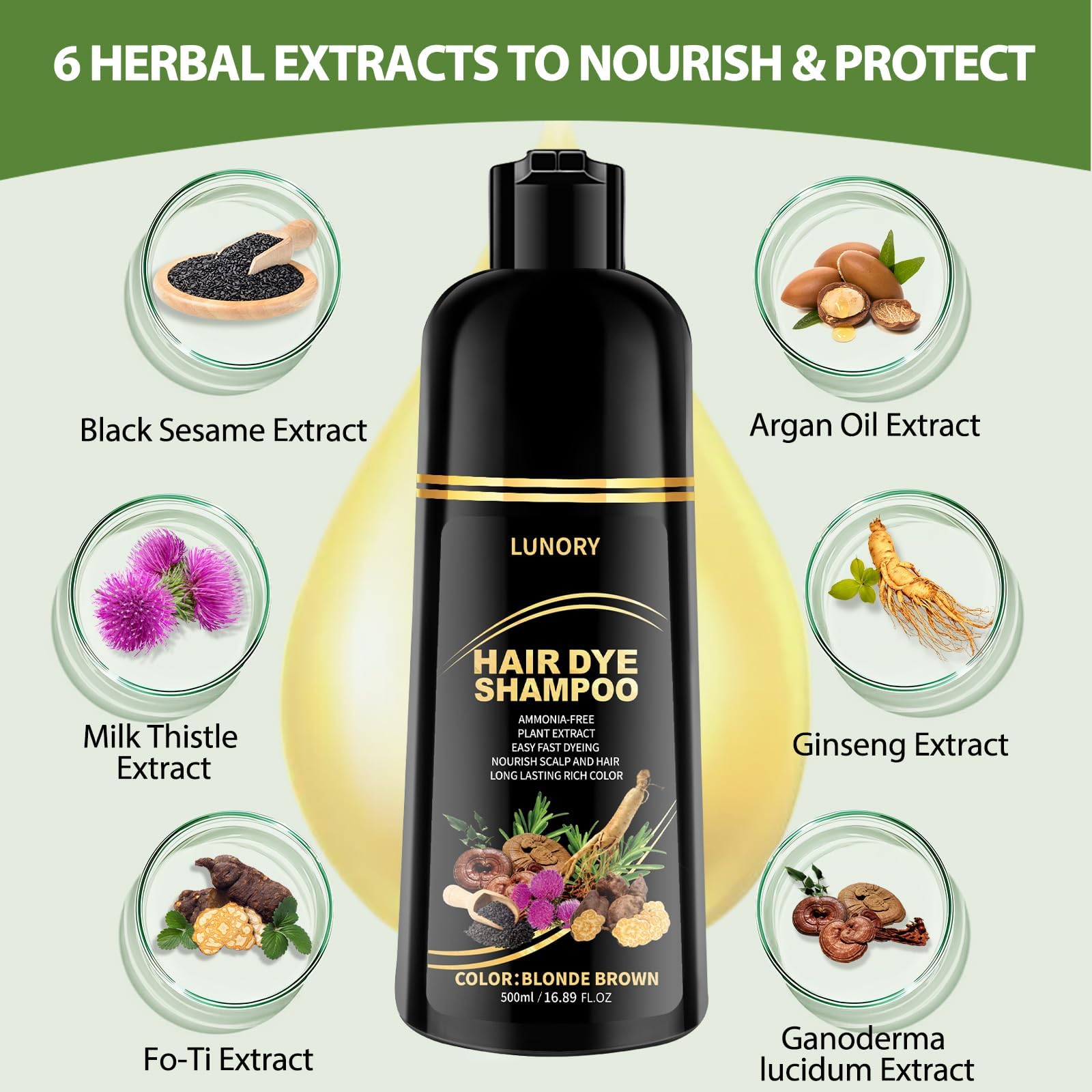 Lunory argan oil and ginseng shampoo bottle ready for application.
