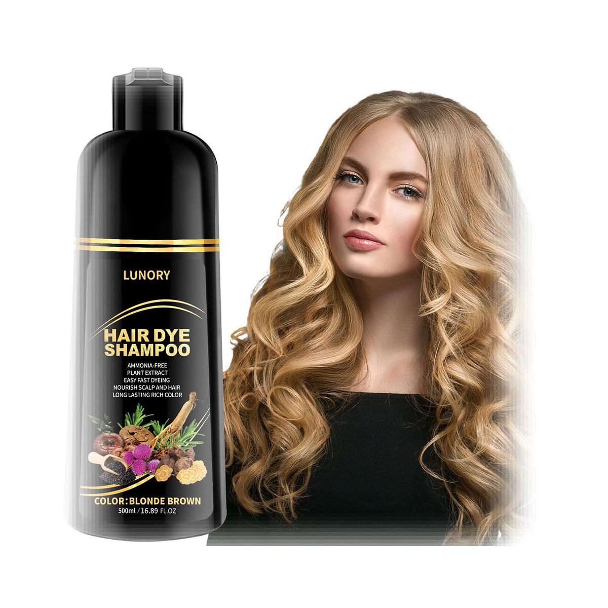 Lunory blonde brown hair dye shampoo bottle applying for even gray coverage at home.