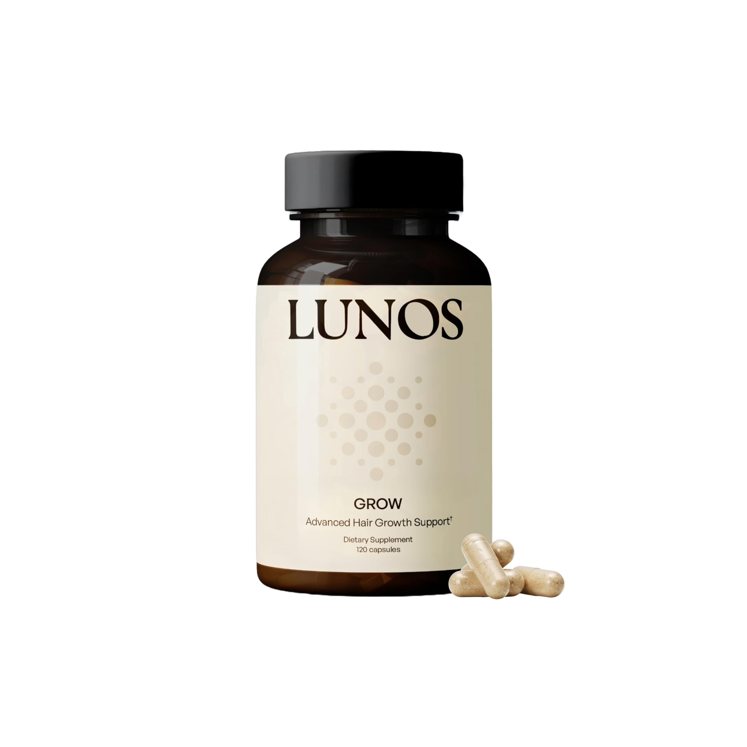 Lunos Grow Hair Growth Vitamins bottle with label highlighting ingredients for daily use