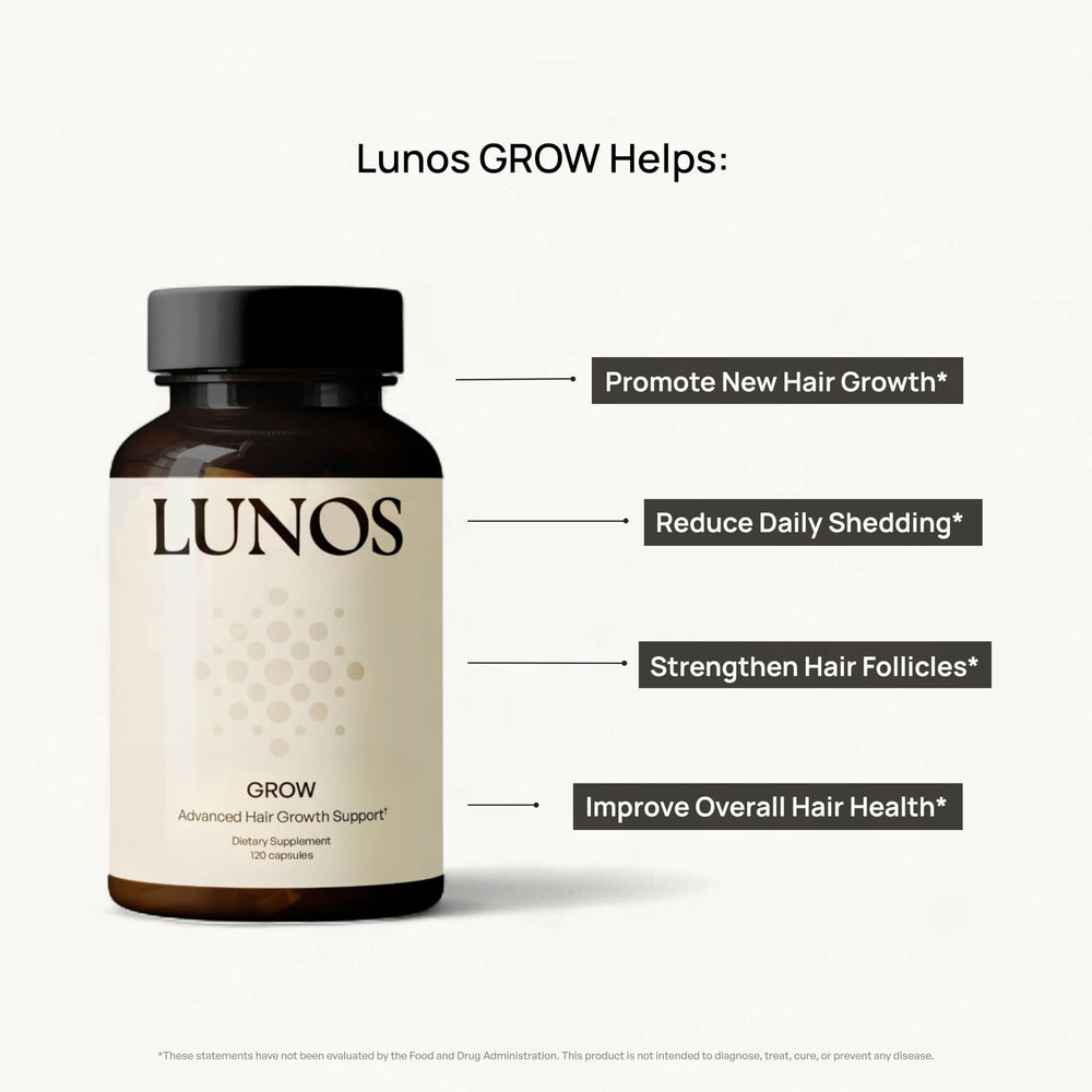 Lunos Grow Hair Growth Vitamins tablet form on white background