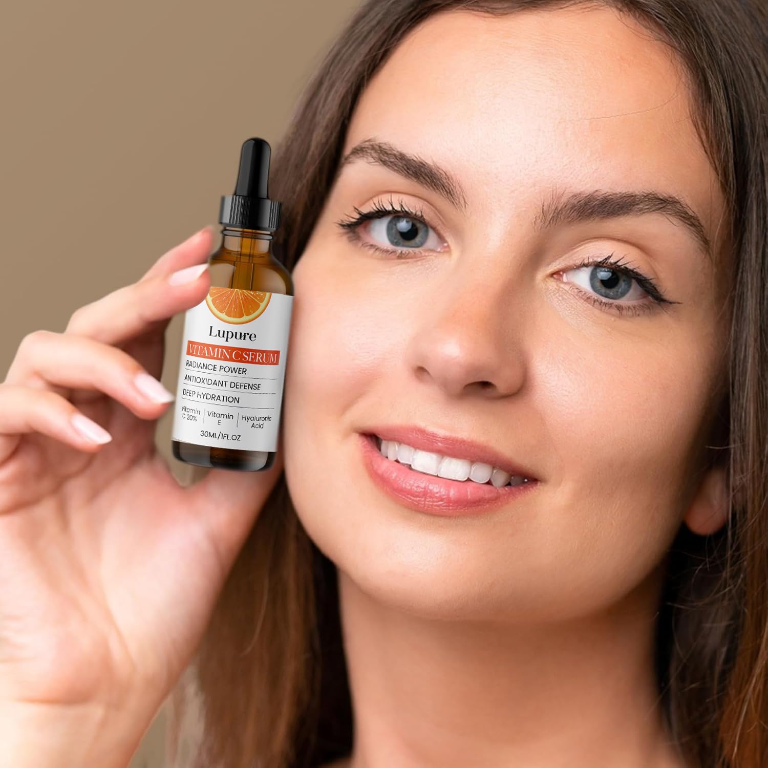 Lupure Vitamin C Serum close-up glows on skin, suggesting radiance