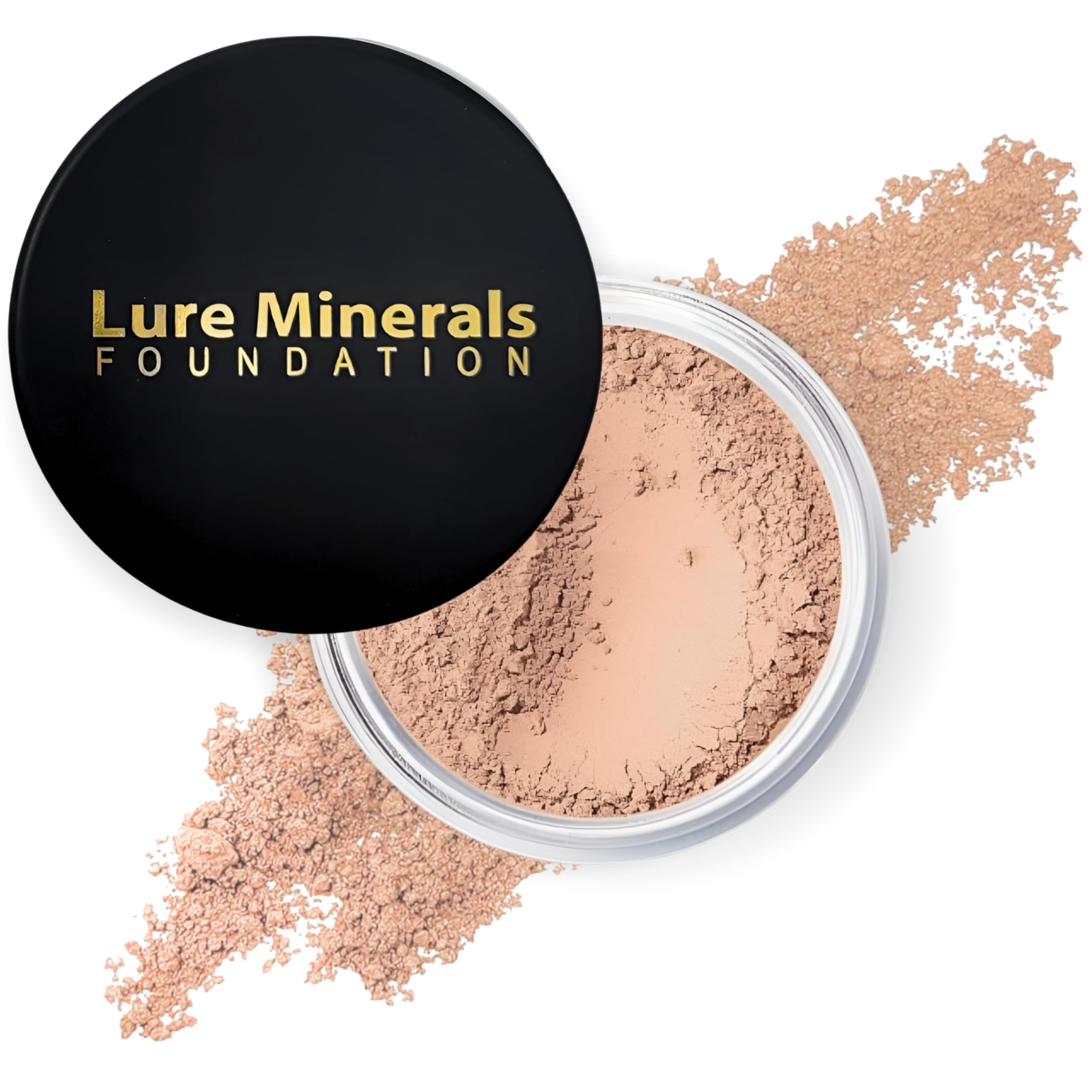 Lure Minerals foundation loose powder in 8g sifter jar for on-the-go touch-ups.