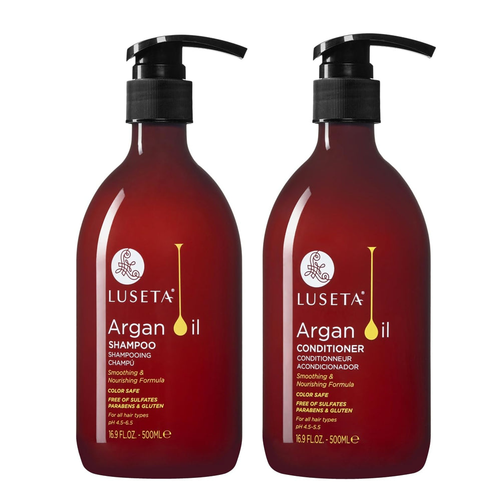 L LUSETA argan oil shampoo bottle for nourishing shine.
