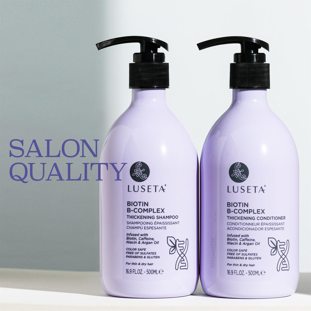 Luseta B-Complex Conditioner dispensing with smooth hair feel.