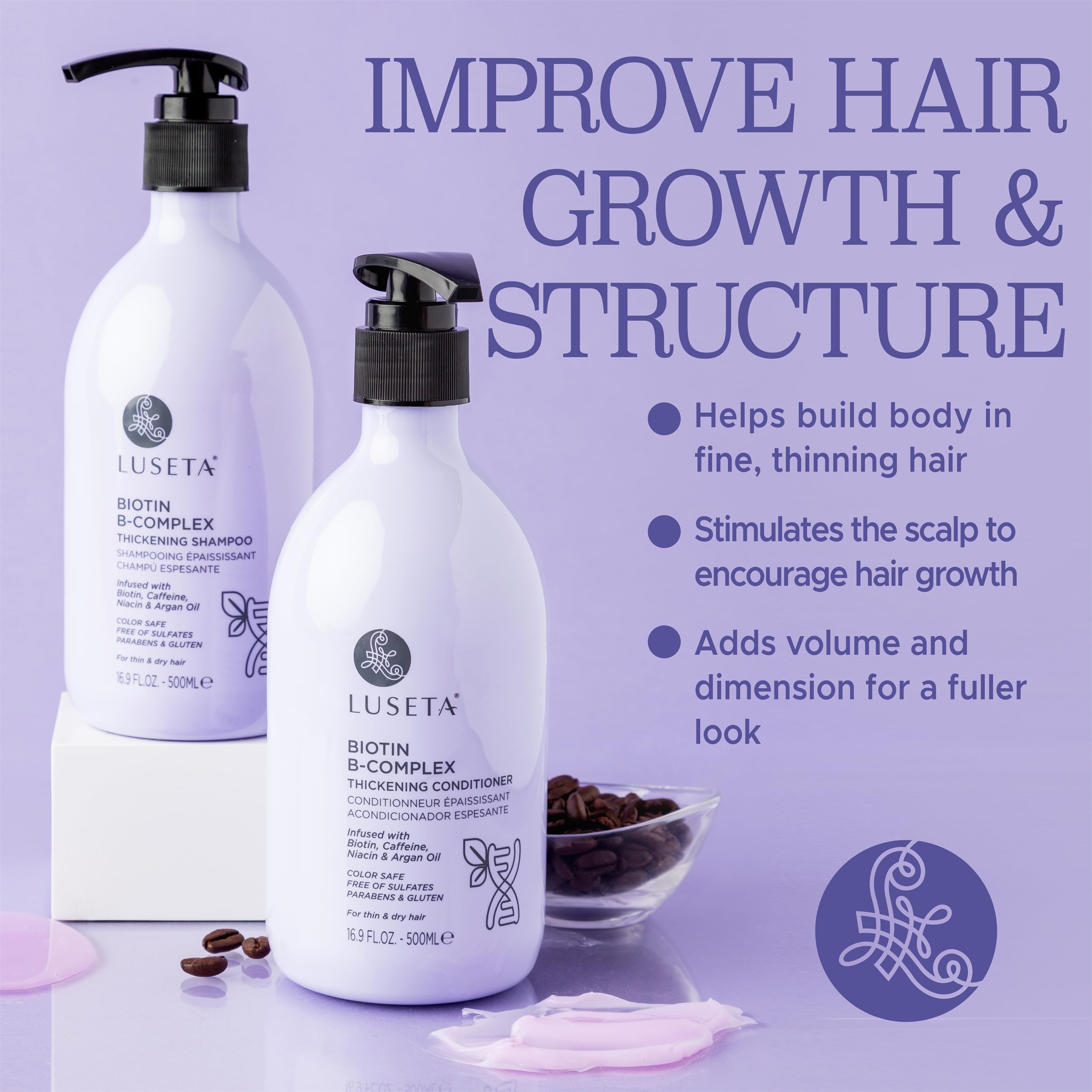 Luseta B-Complex Shampoo label closeup highlighting biotin and caffeine benefits.