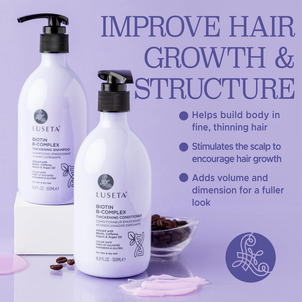 Luseta B-Complex Shampoo label closeup highlighting biotin and caffeine benefits.