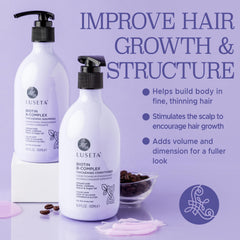 Luseta B-Complex Shampoo label closeup highlighting biotin and caffeine benefits.