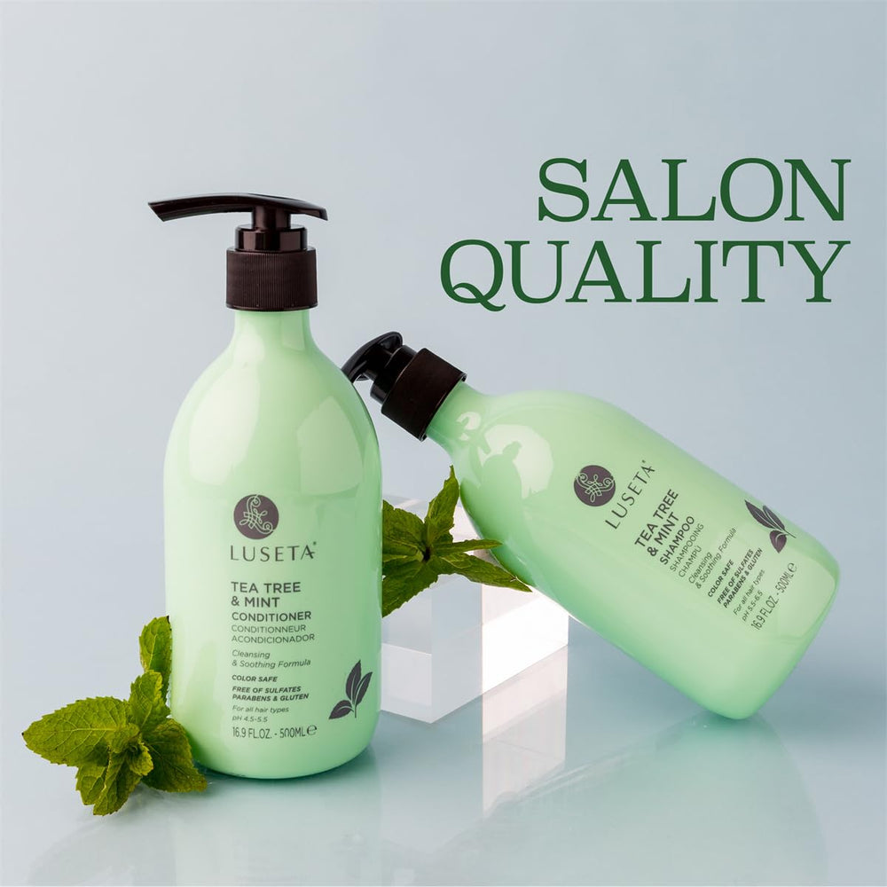 Luseta product on bathroom counter beside towel and plants