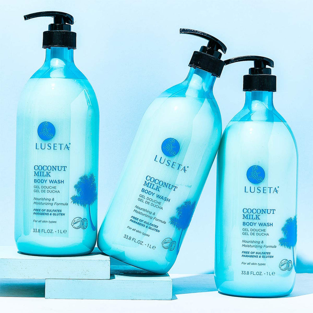 Luseta bathroom flat lay with coconut milk body wash routine