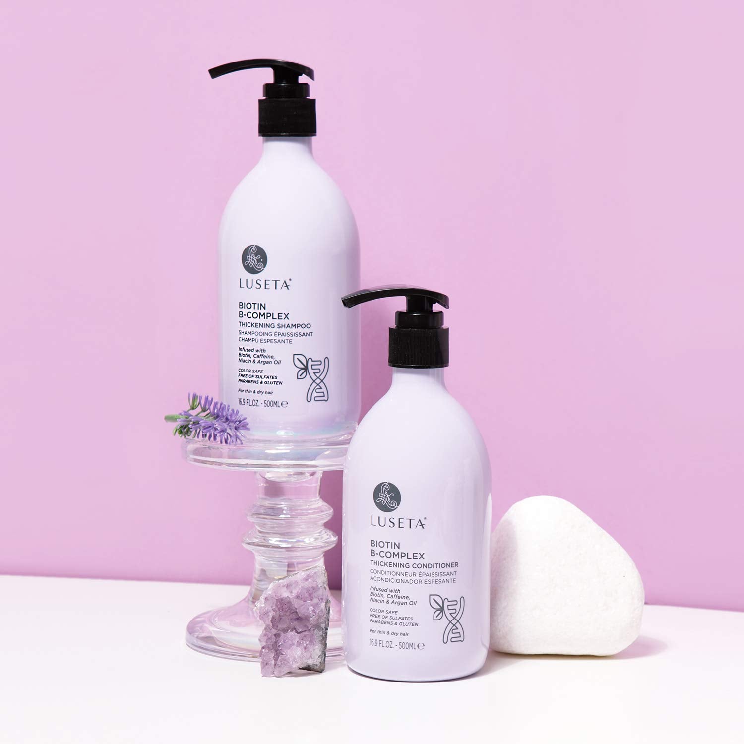 Luseta Biotin B-Complex packaging with all hair types icons for versatile care