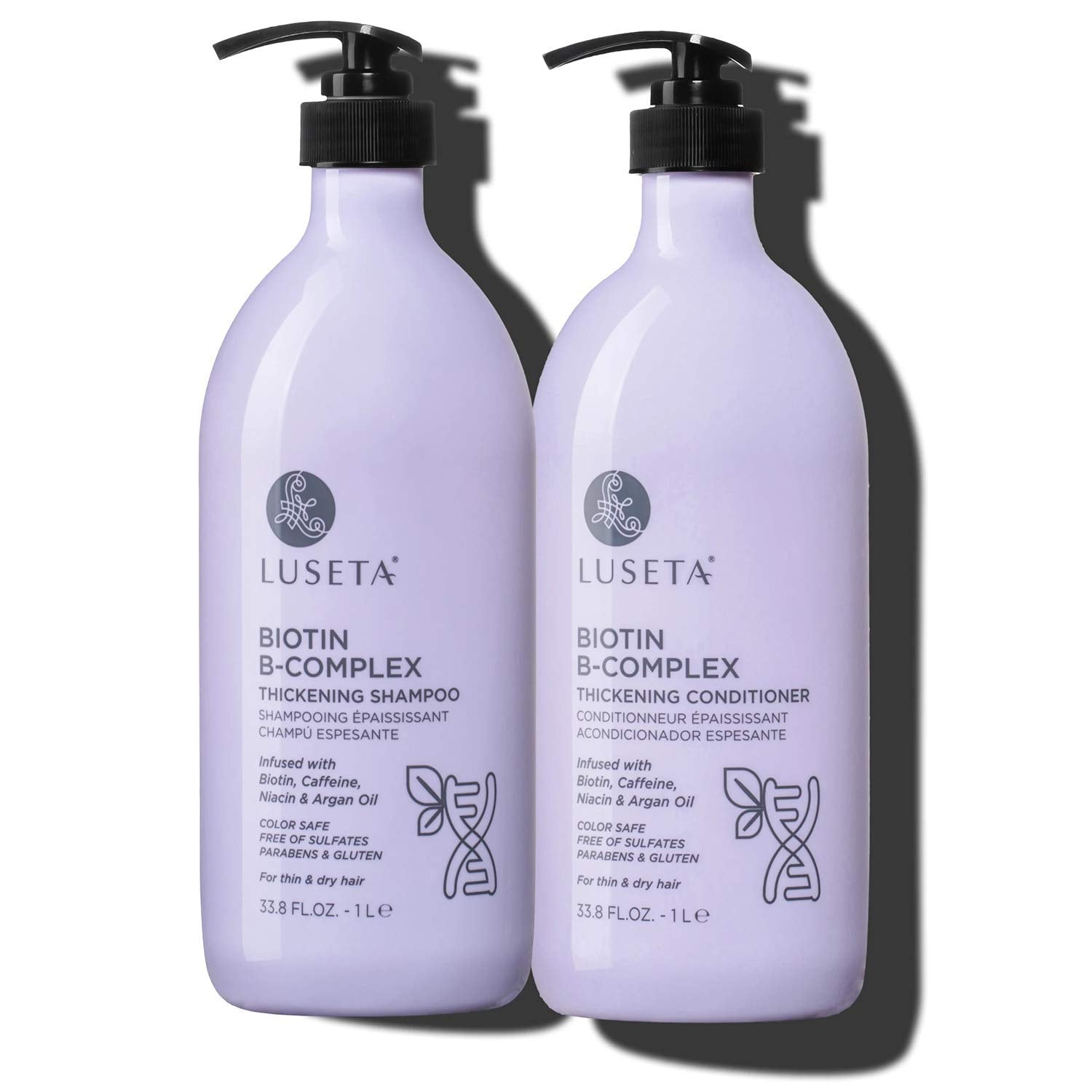 Luseta Biotin B-Complex Shampoo bottle on a bathroom shelf promotes healthy hair growth