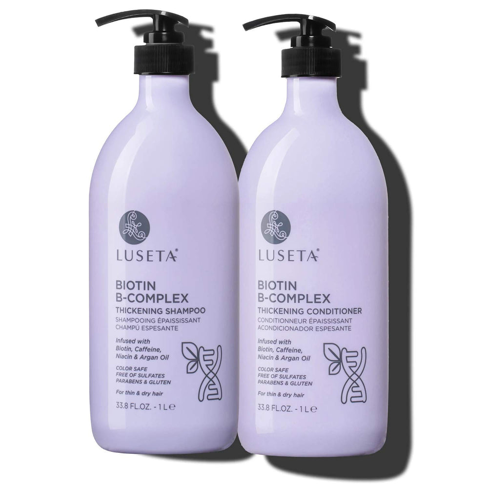 Luseta Biotin B-Complex Shampoo bottle on a bathroom shelf promotes healthy hair growth