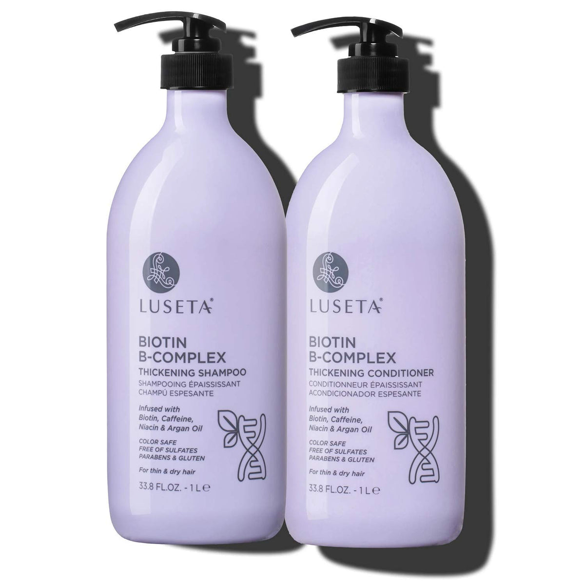 Luseta Biotin B-Complex Shampoo bottle on a bathroom shelf promotes healthy hair growth