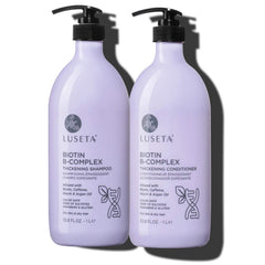Luseta Biotin B-Complex Shampoo bottle on a bathroom shelf promotes healthy hair growth