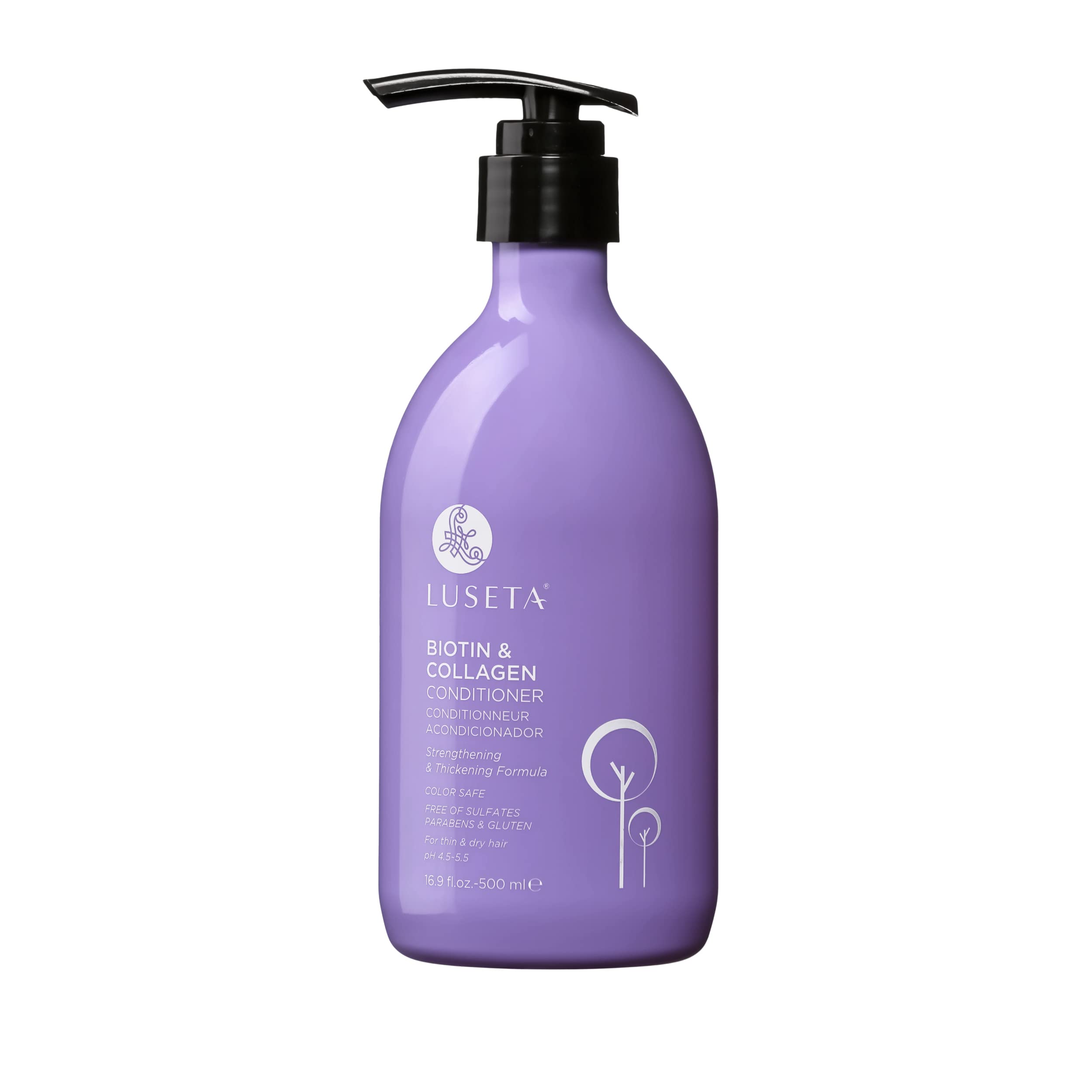 Luseta Biotin & Collagen conditioner bottle with pump for thicker hair.