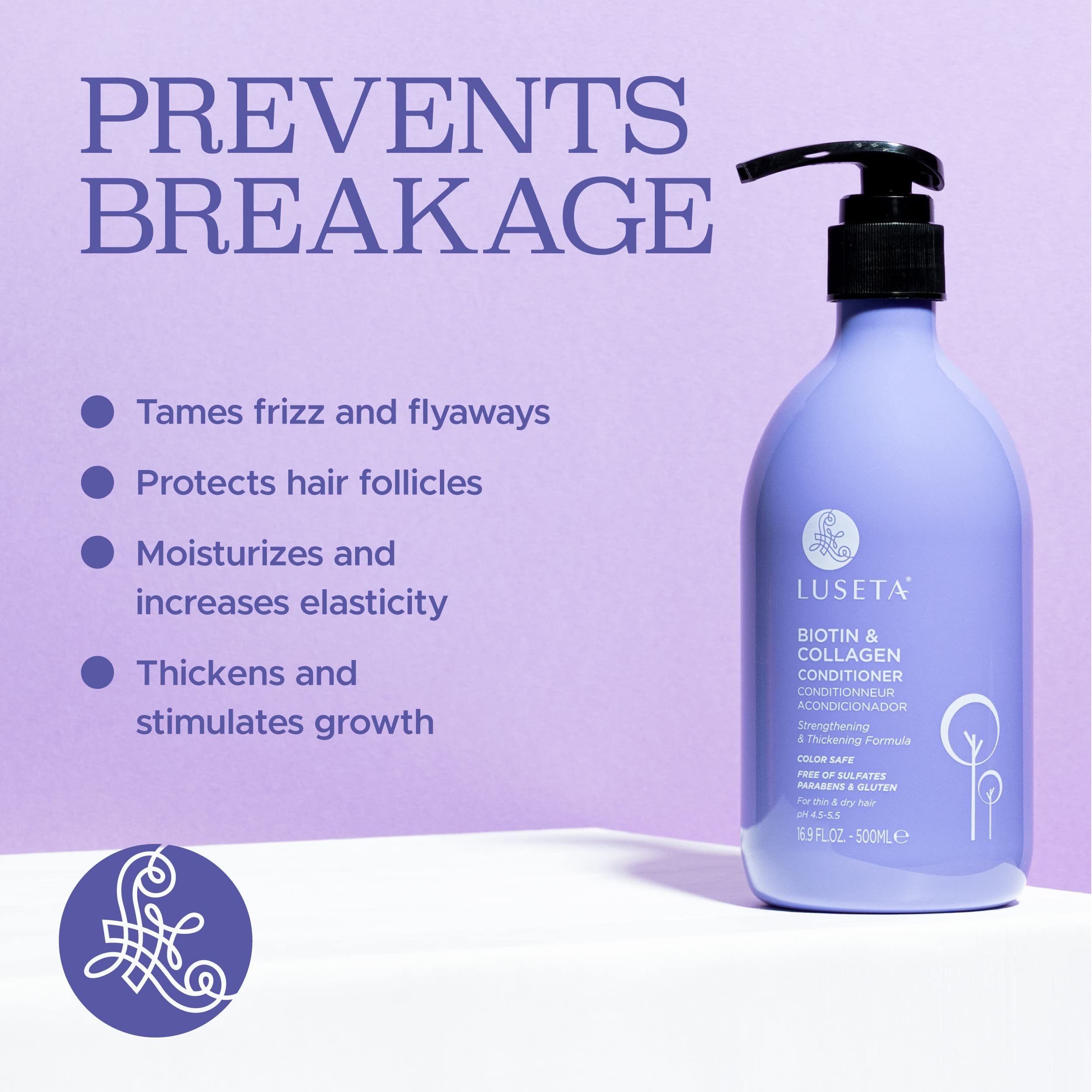 Luseta conditioner label close-up highlighting biotin and collagen for healthy-looking hair.