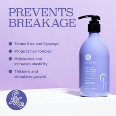 Luseta conditioner label close-up highlighting biotin and collagen for healthy-looking hair.
