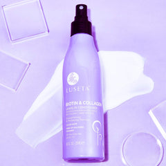 Luseta Biotin Leave-In Conditioner application demonstrates easy spray for detangling.