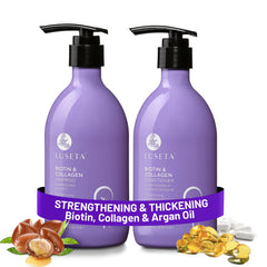Luseta Biotin Shampoo bottle promotes thicker-looking hair with nourishing oils.