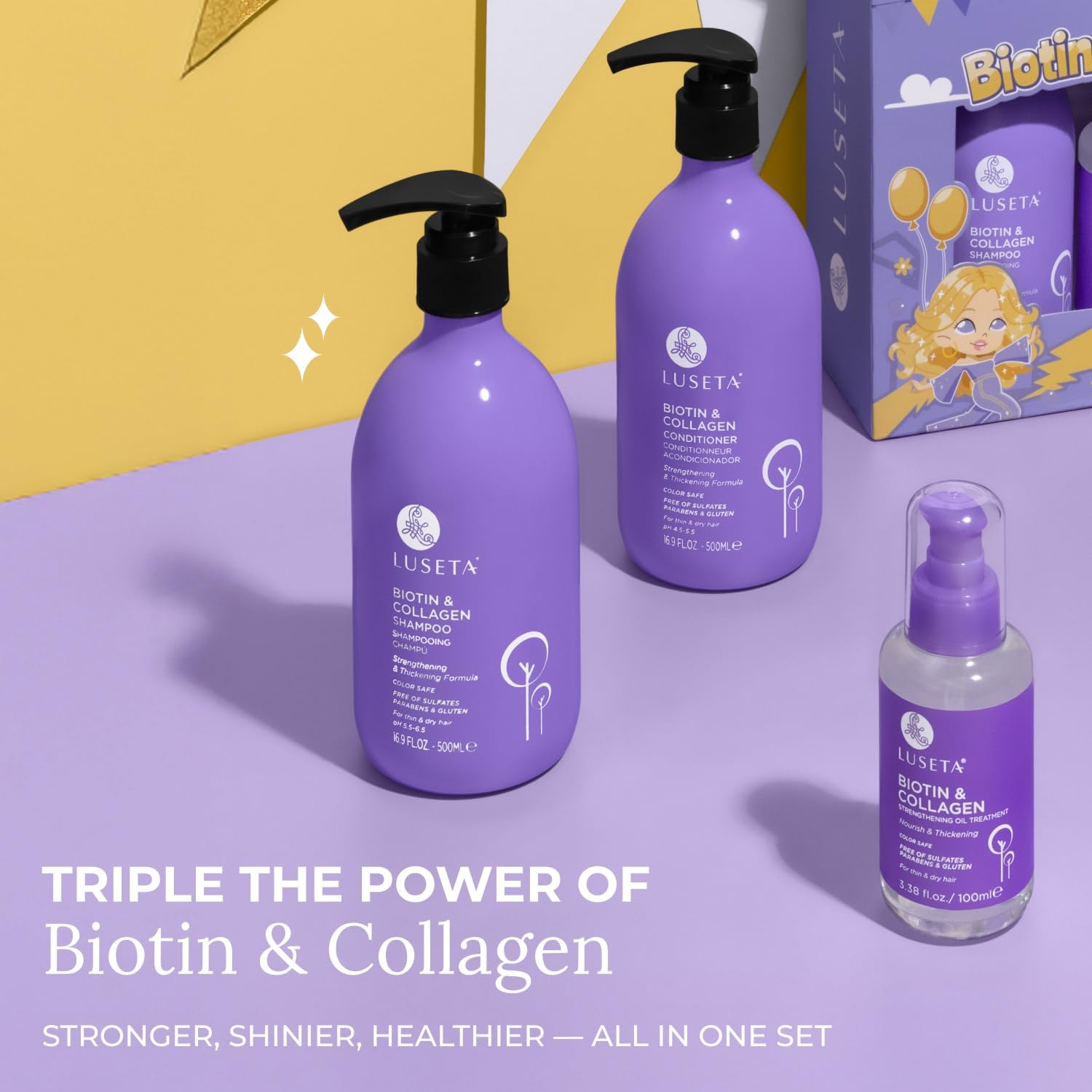 L Luseta Biotin Trio hair serum bottle ready for shine and frizz control