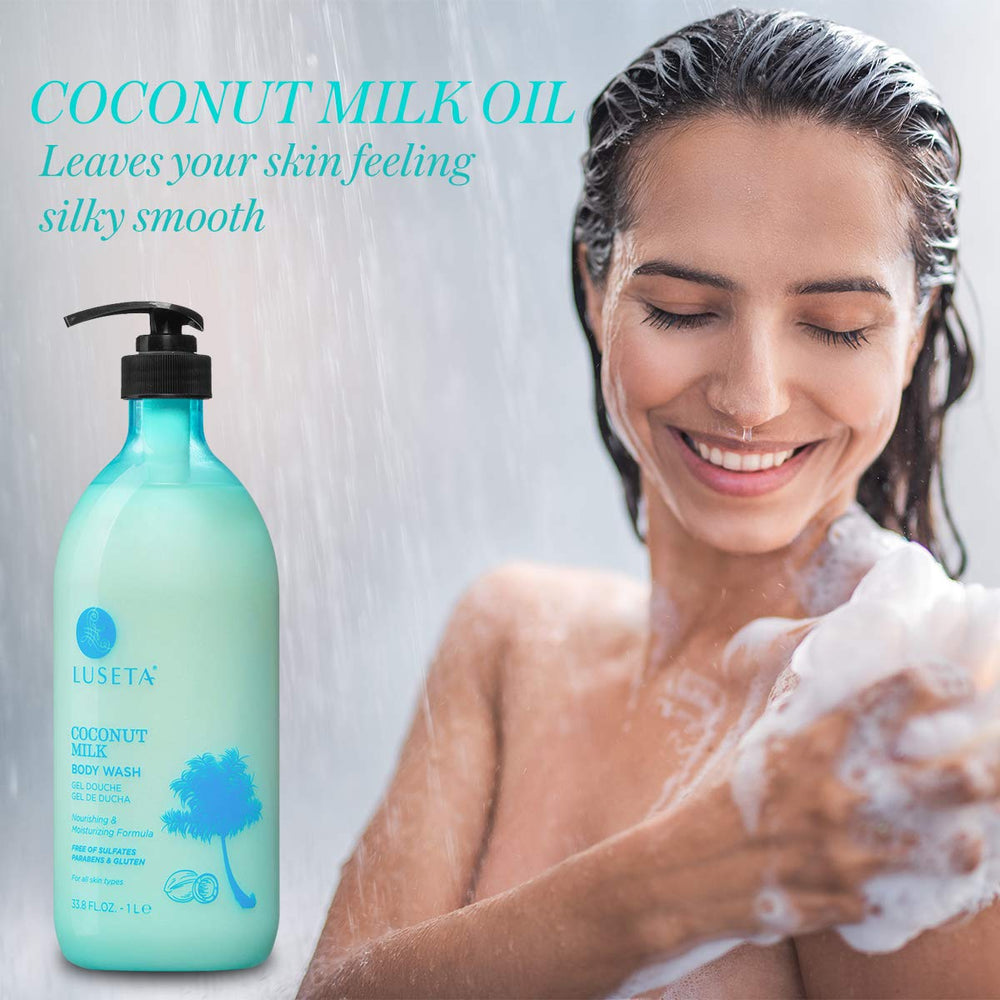 Luseta coconut milk body wash label close-up highlighting oat nourishment