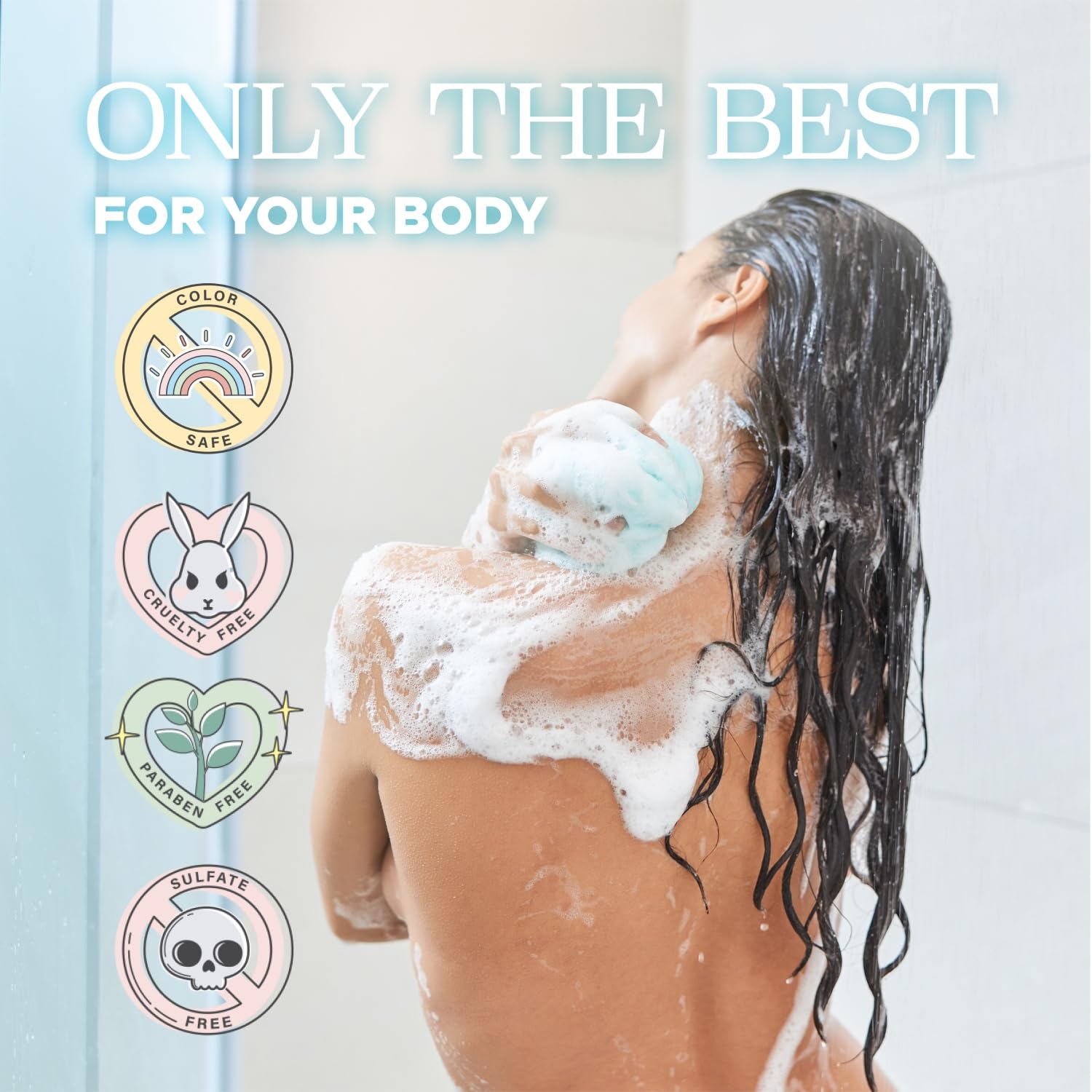 Luseta body wash being massaged onto skin for refreshing rinse