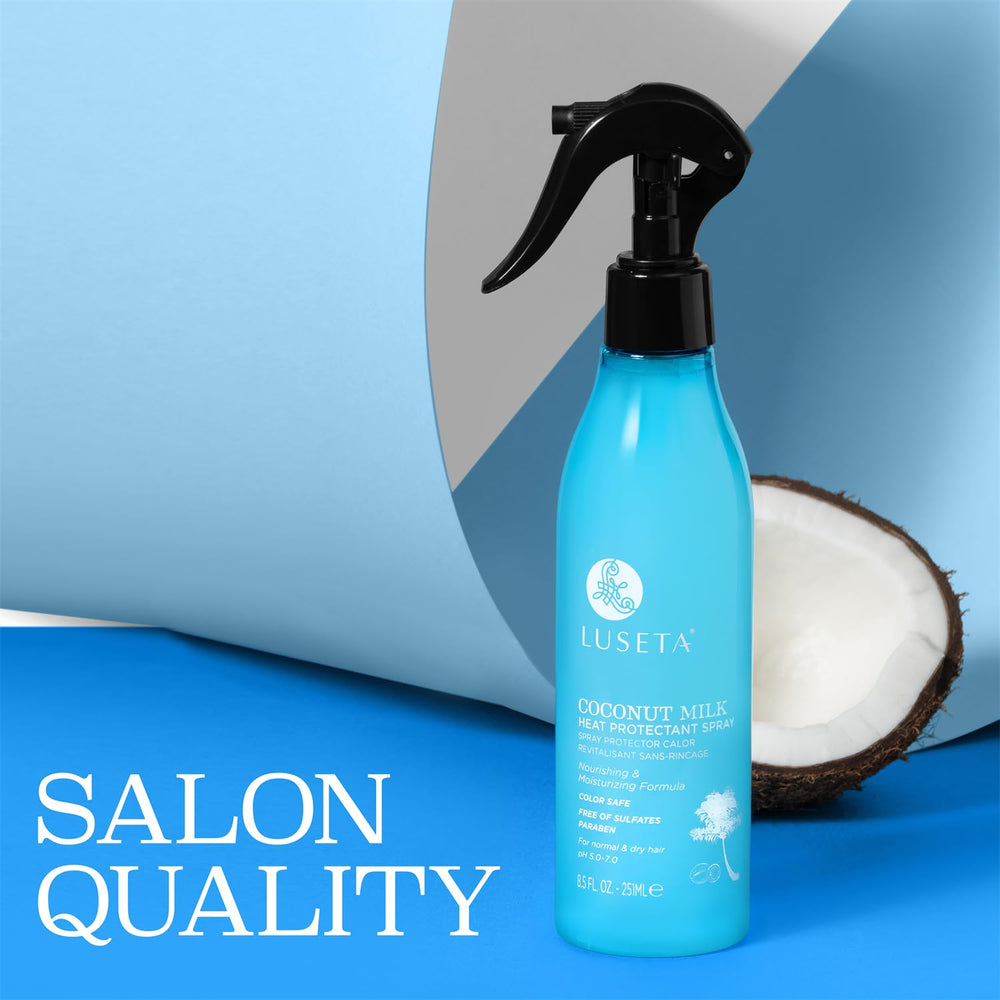Luseta Coconut Milk Heat Protectant spray shown before styling session.