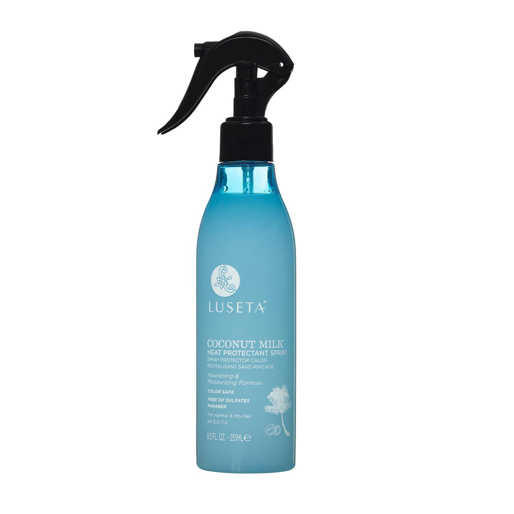 Luseta Coconut Milk Heat Protectant Spray bottle ready for heat protection during styling.