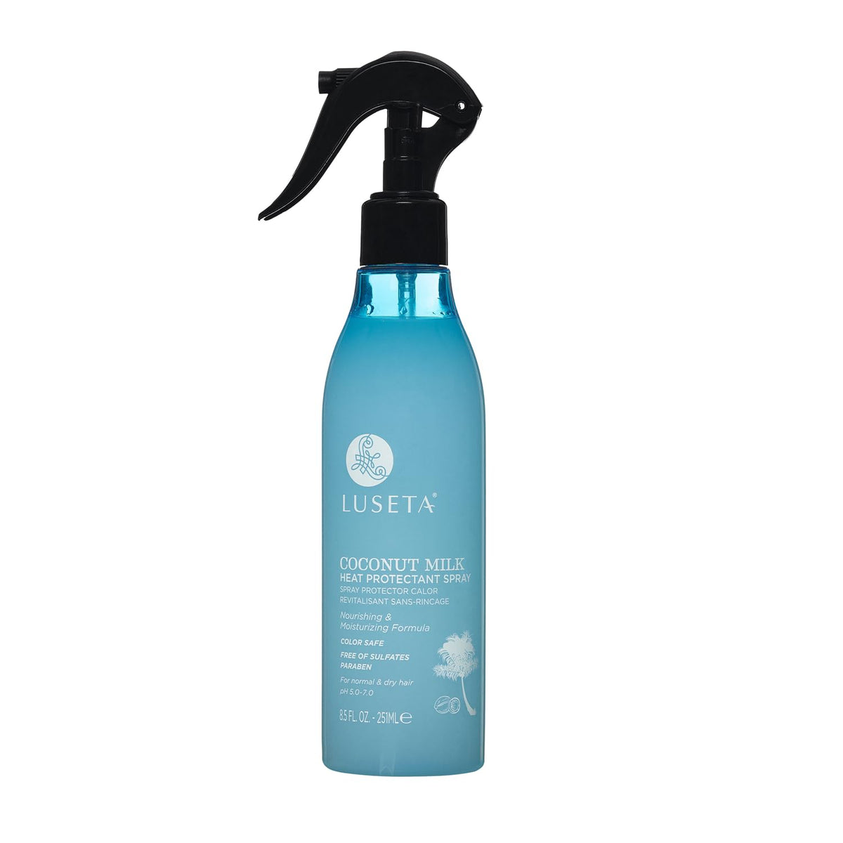Luseta Coconut Milk Heat Protectant Spray bottle ready for heat protection during styling.
