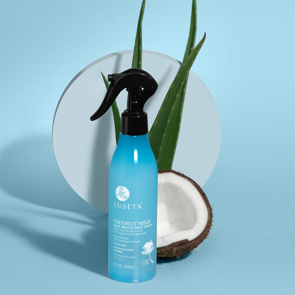 Luseta spray demonstrates protection up to 450 degrees during heat tools.
