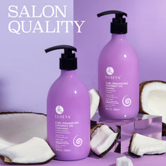 Luseta Coconut Oil jar highlights vitamins and fatty acids for healthy hair.