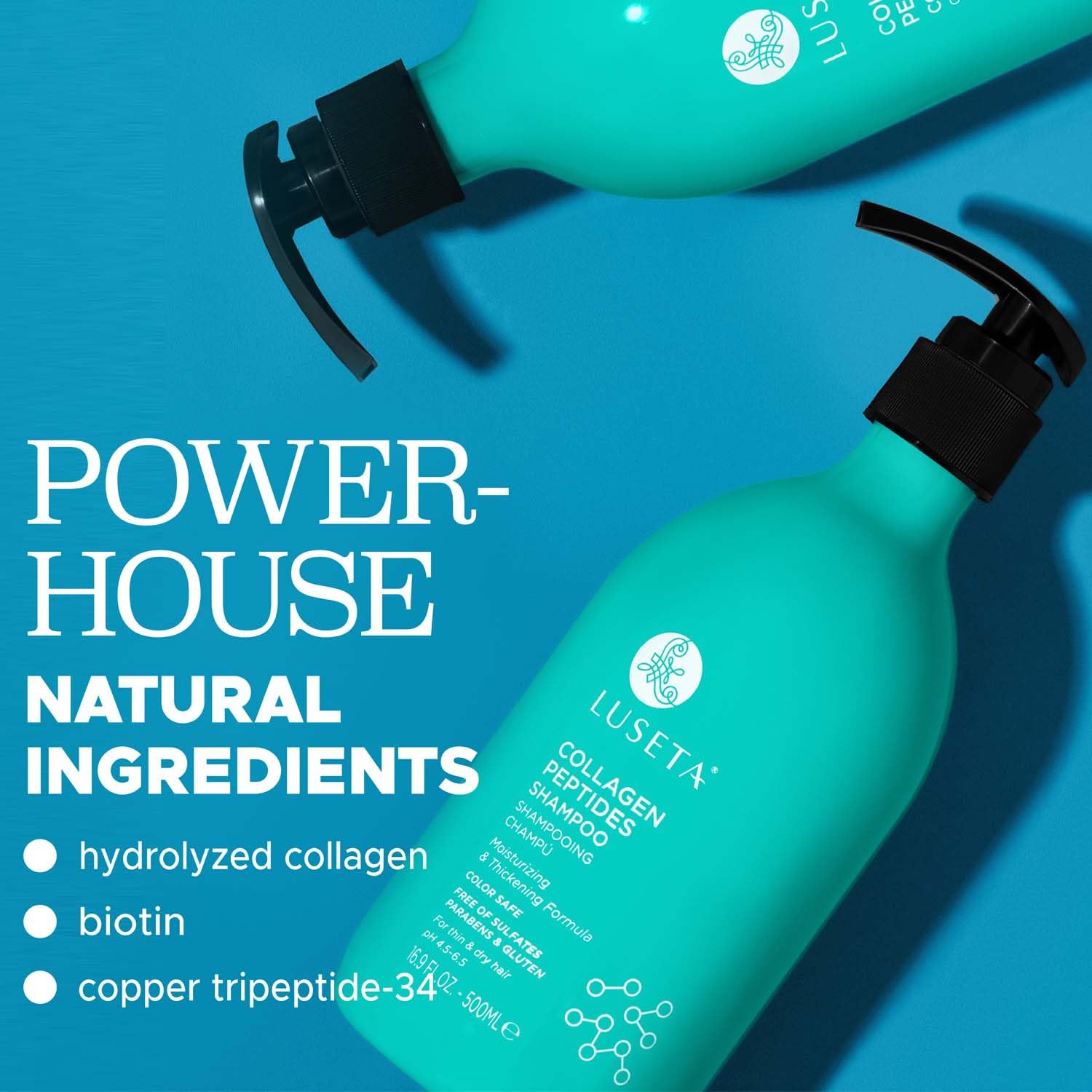 Luseta Collagen Peptides Shampoo label close-up shows premium hair care ingredients.
